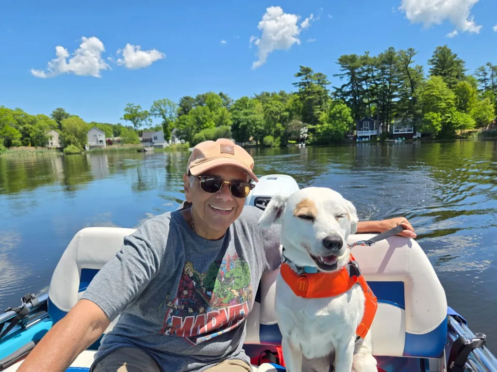 Judith George on Furnace Pond with her dog